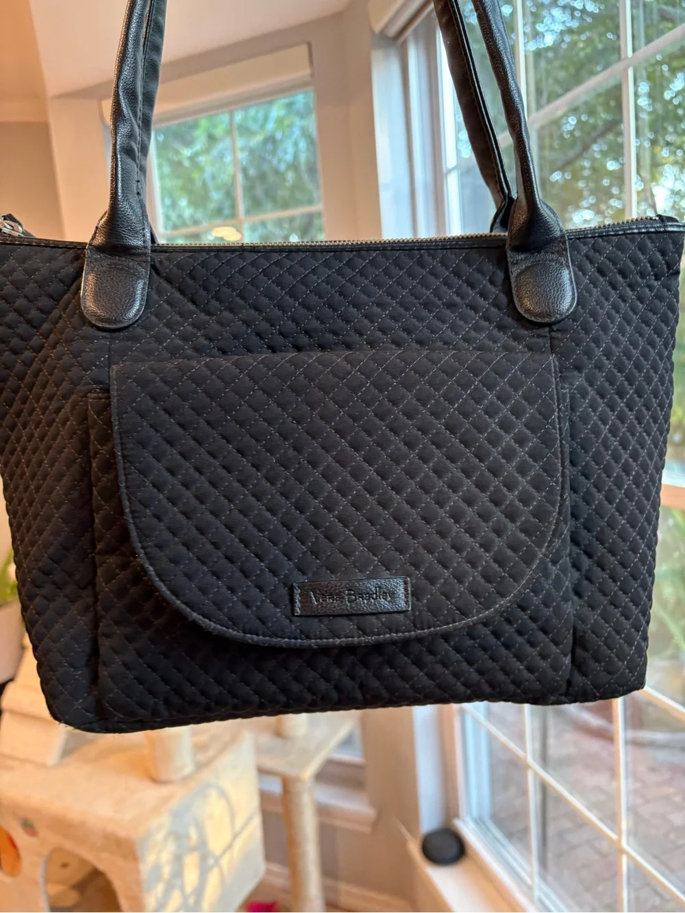Vera Bradley Black Quilted Tote with Front Pocket w floral inside